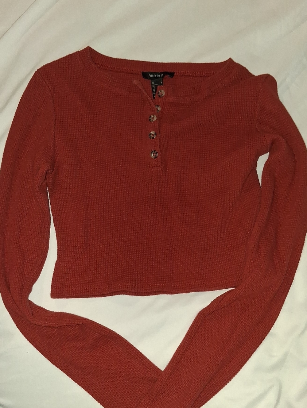 Forever 21 Rust Red Waffle Henley Long Sleeve Top